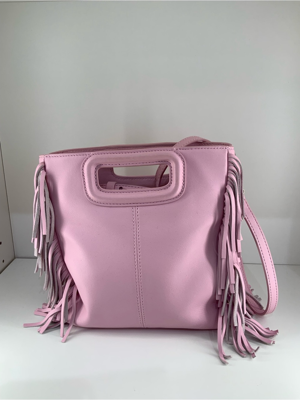 Pre Owned Maje Pink Vegan Leather Fringe Shoulder Bag with Top Handle